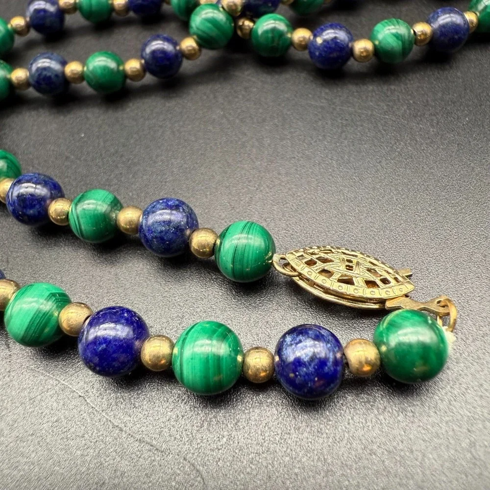 💚💙 Vintage Malachite & Lapis Bead Necklace 14/20 Gold Filled Clasp‎ 18